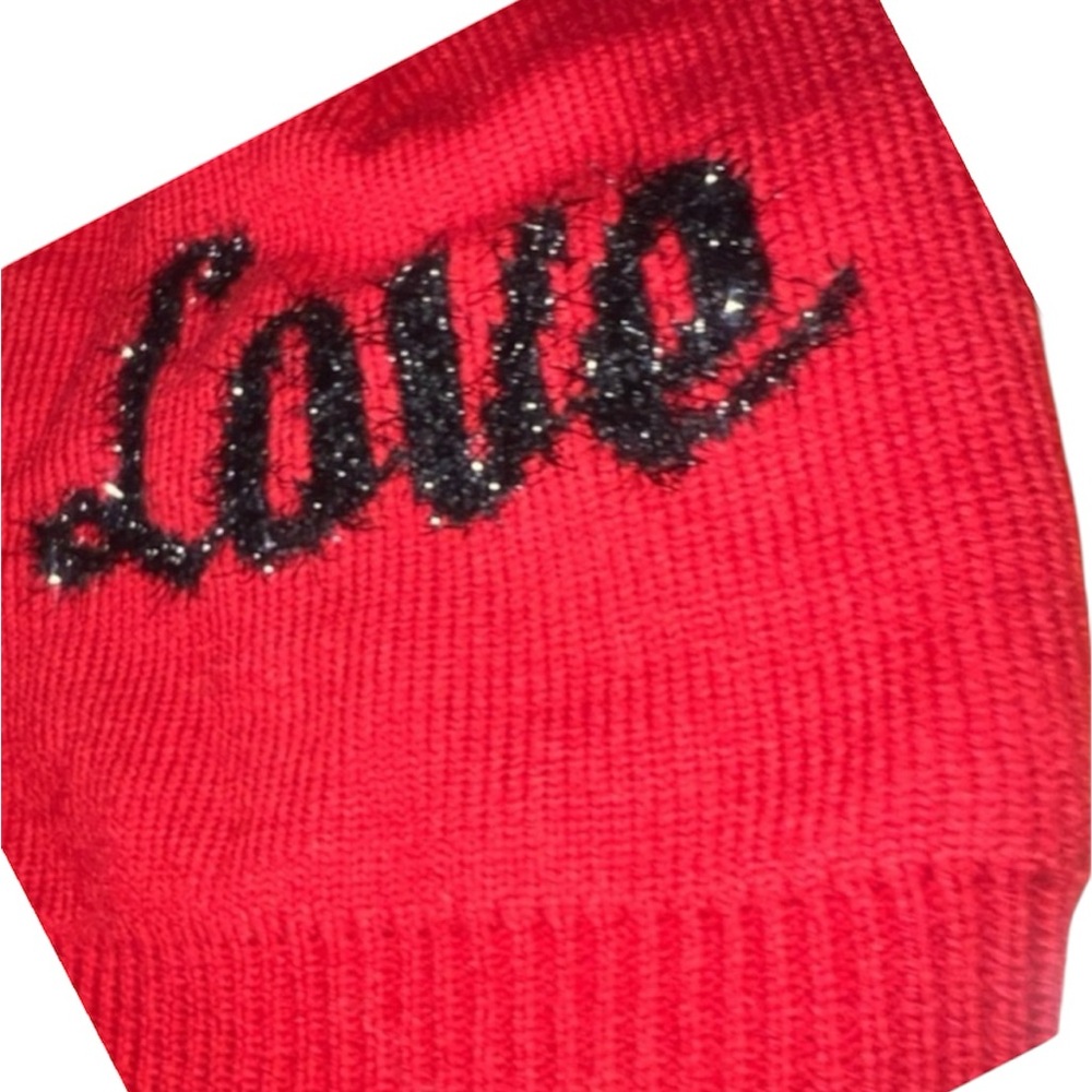 Red Knit Beanie with Black 'Love' Embroidery
